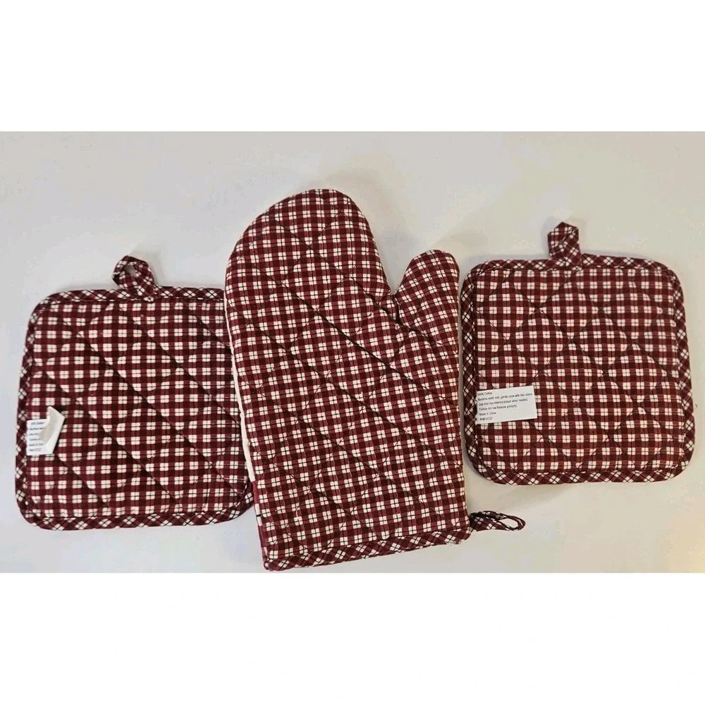 Christmas Country Farmhouse Oven Hot Mitt w 2‎ Pot Holders Quilted Plaid Cotton